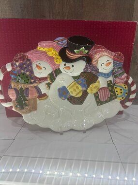 Vtg Fitz Floyd Frosty Folks Snowman Christmas Platter Oval CandyCane Handles 16”